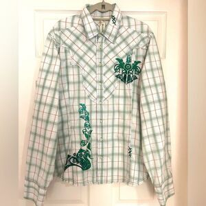 Johnny Was 3J Heidi Men’s Embroidered Button Down Plaid Western Shirt Sz L / XL